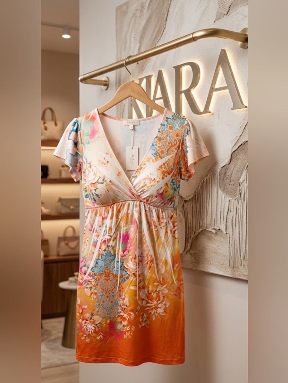 NWOT Kiara Boho Sunset Floral & Damask Empire Waist Mini Dress Size M